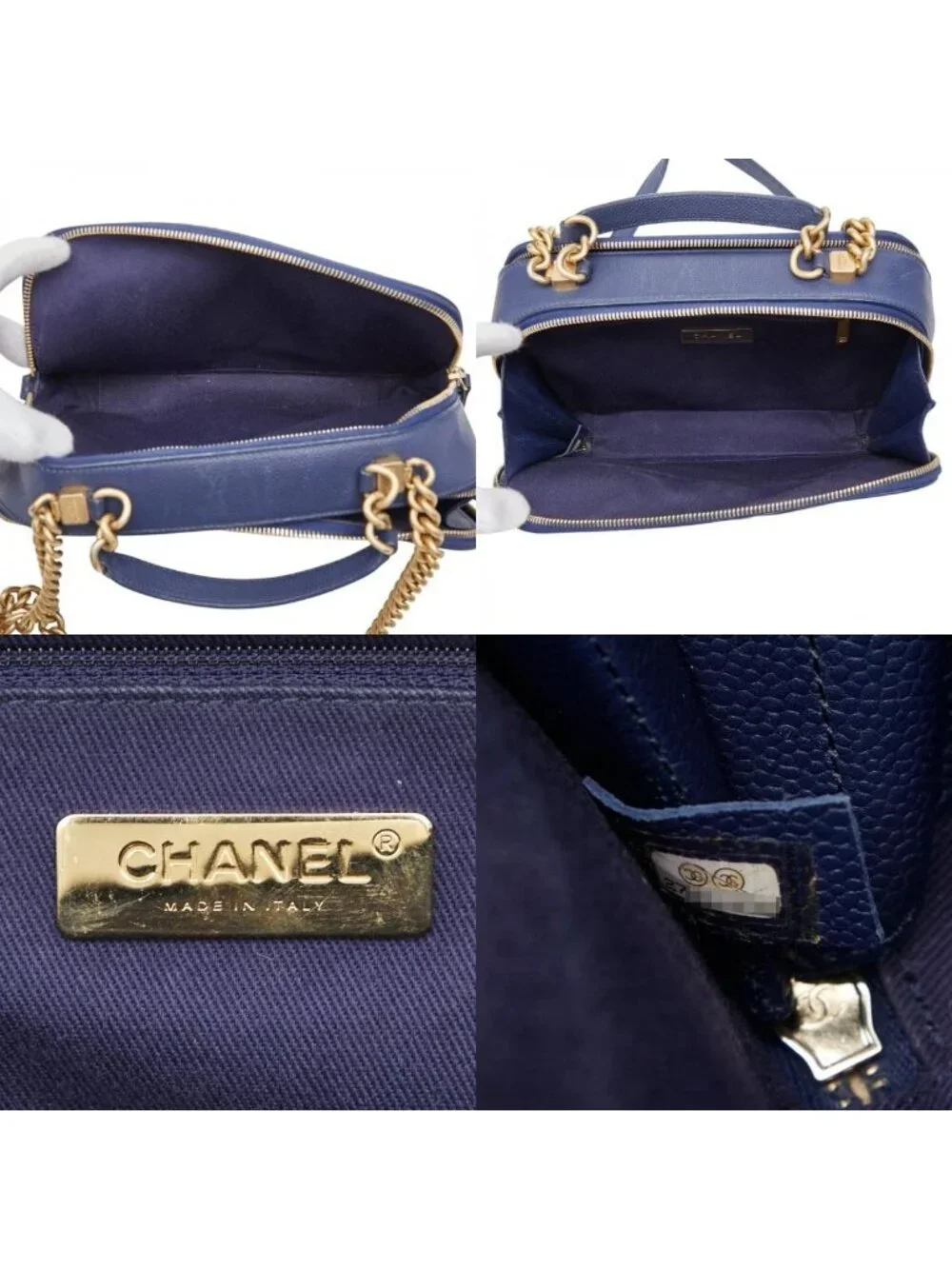 Chanel Quilted CC Logo Chain Shoulder Bag Vanity 2-Way Navy Gold Caviar Leather